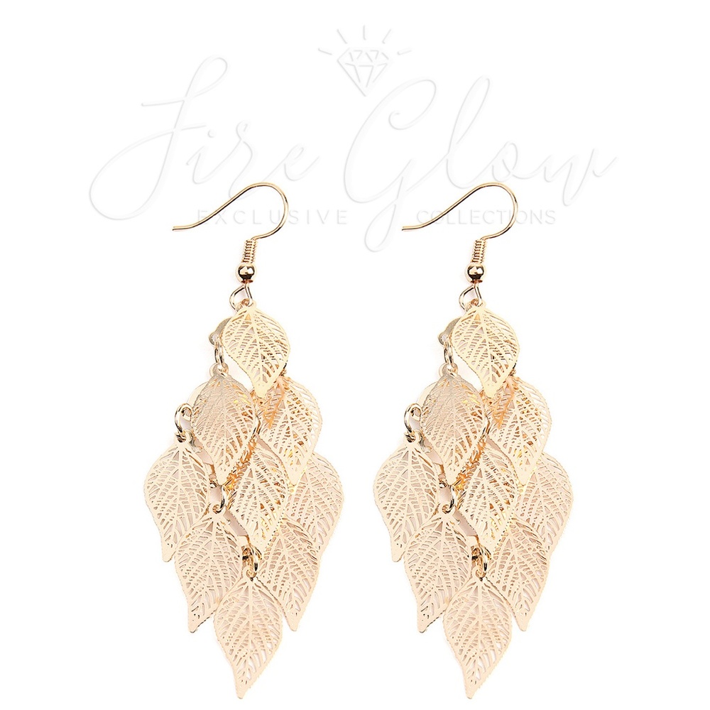 Boho Chic Gold Dangling Filigree Leaf Earrings
